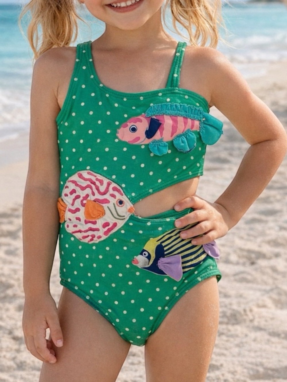 Mini Boden 3D Fish Appliqué One-Shoulder Cutout Swimsuit Green Polka Dot 4-5Y